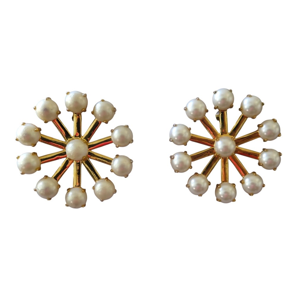 Lele Sadoughi 14K Gold Faux Pearl Pinwheel Button Sculptural Stud Earrings EUC